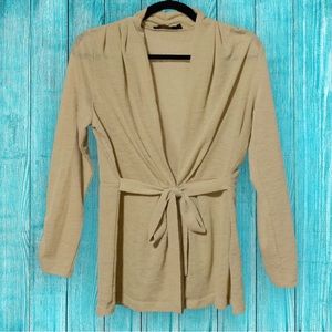 The Limited Tan Linen Blend Tie Waist 3/4 Ruched Sleeve Cardigan/Jacket. Large